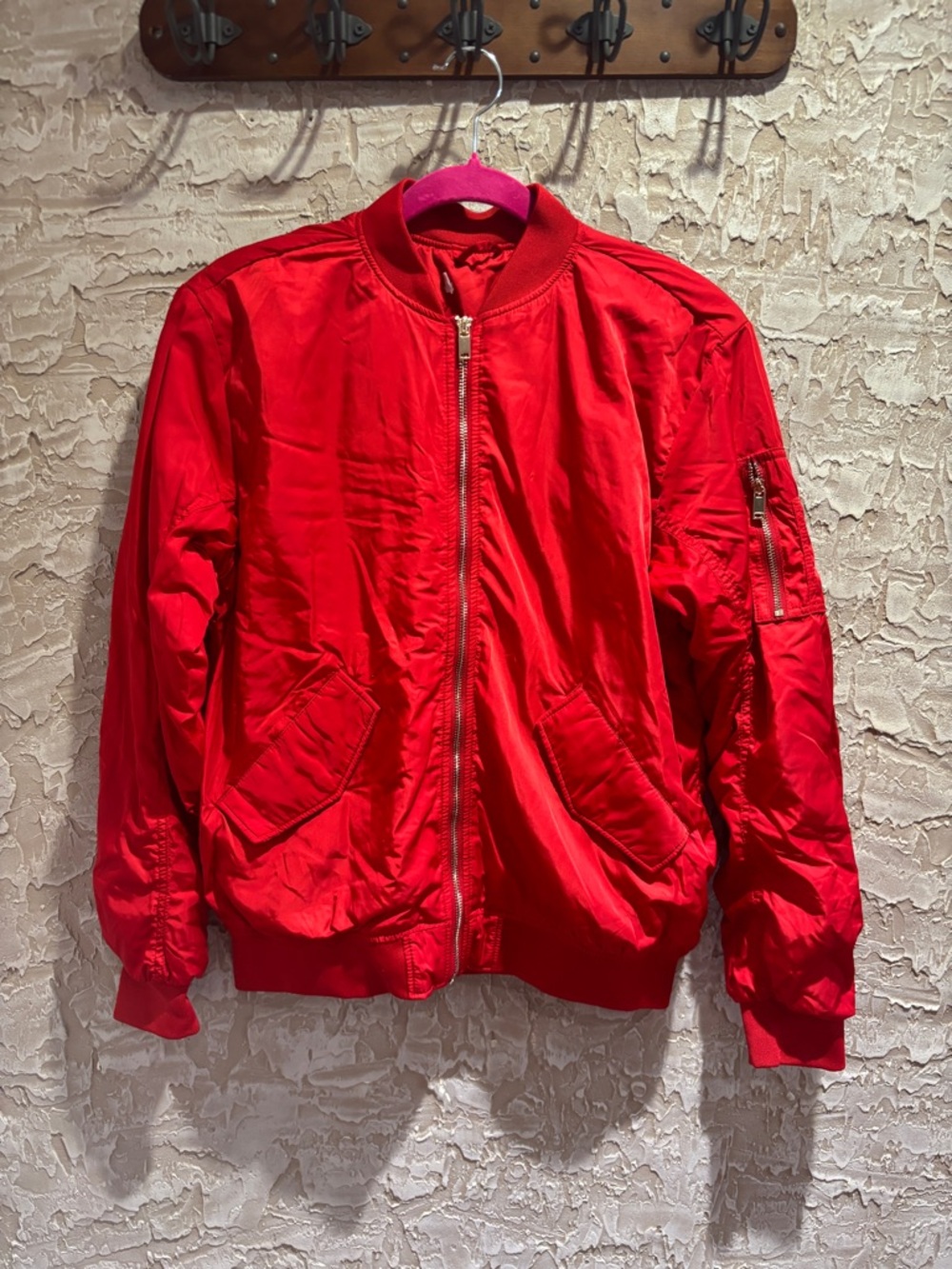 Men's Red Bomber Jacket - Classic Zip Front